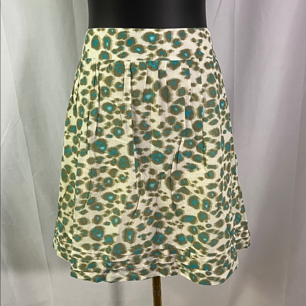 LOFT Cream A-Line Skirt with Teal and Olive Spot Print